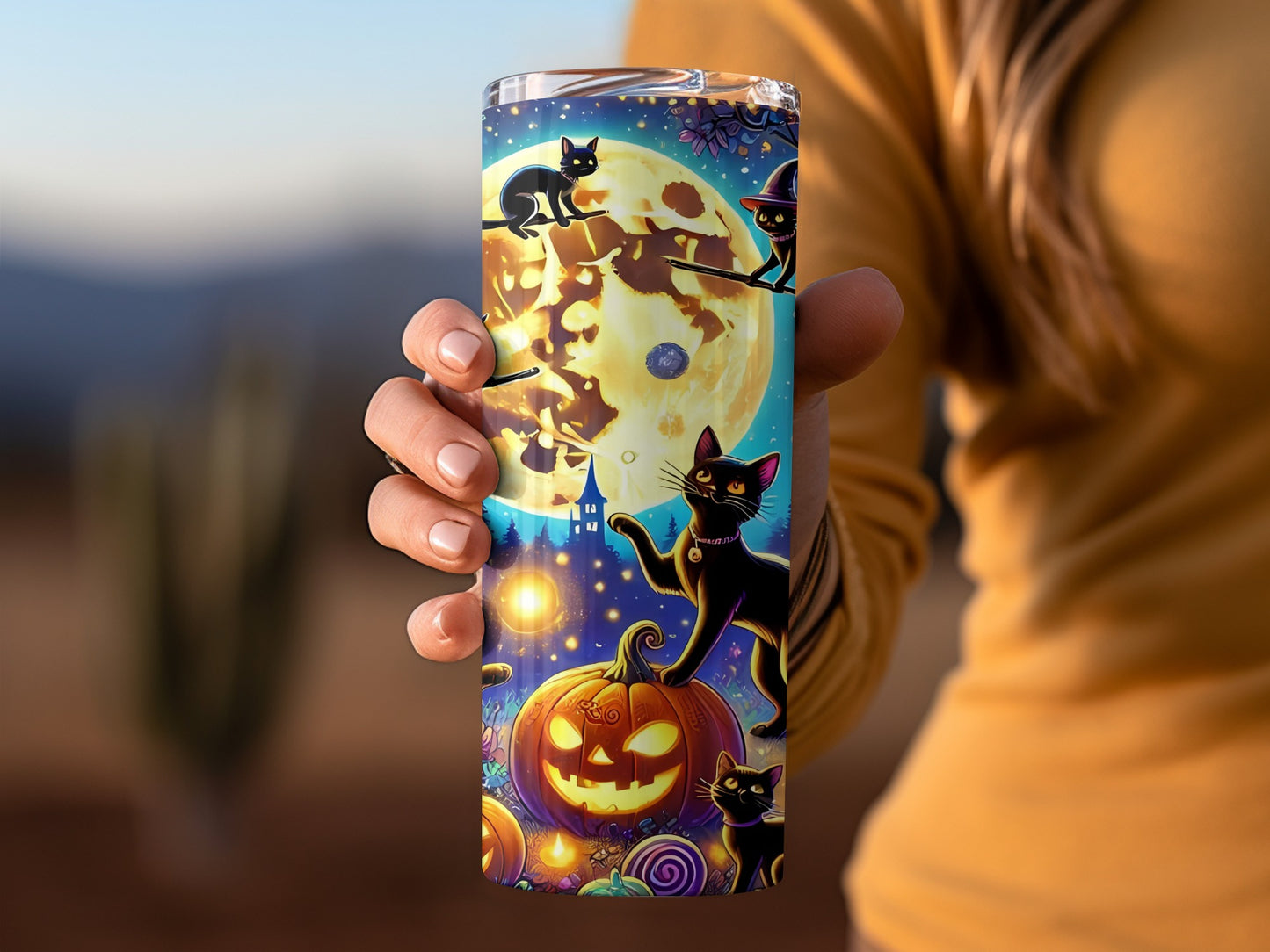 Halloween Black Cat Moon and Pumpkins Tumbler Cup