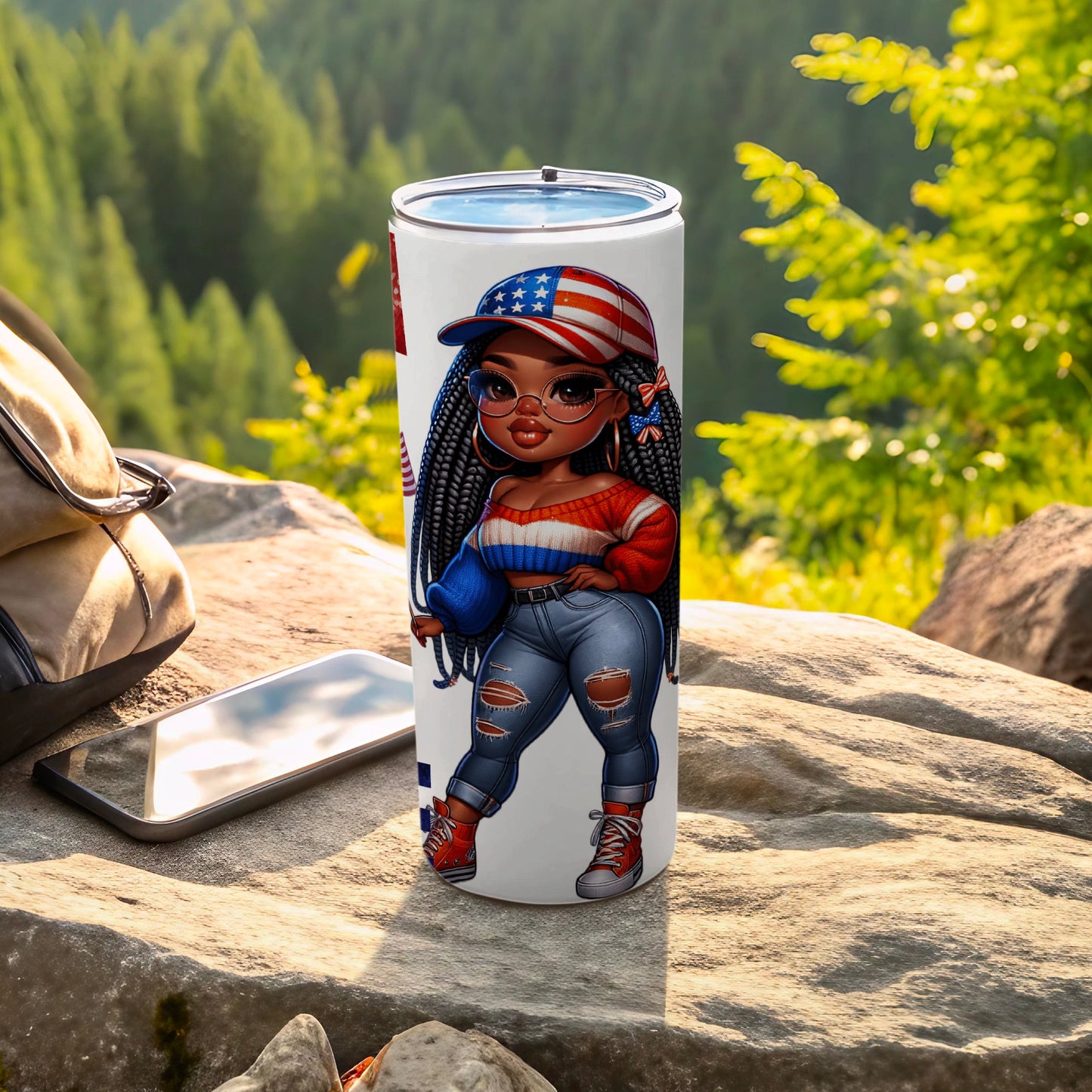 Tumbler with cartoon Black woman in American flag hat and ripped jeans.