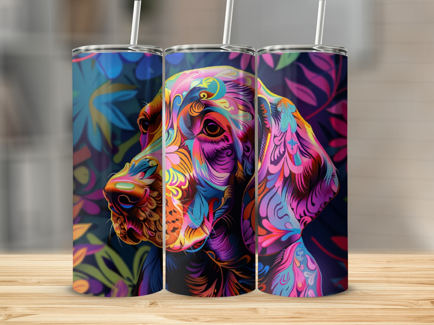 Colorful abstract dog portrait on a dark floral background tumbler.