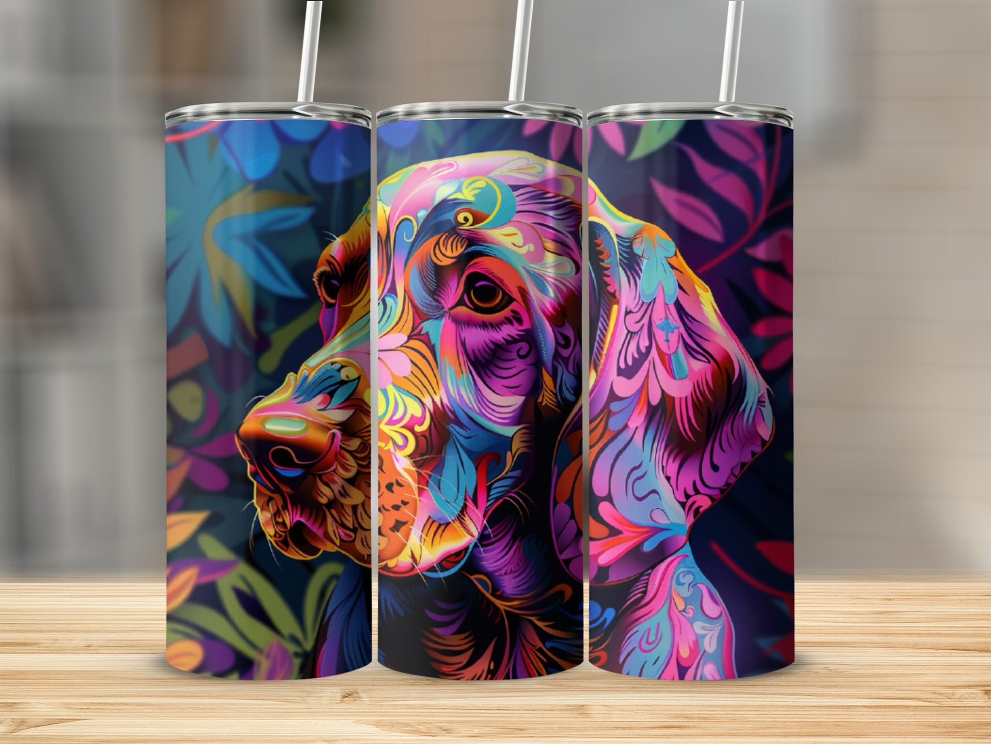 Colorful abstract dog portrait on a dark floral background tumbler.