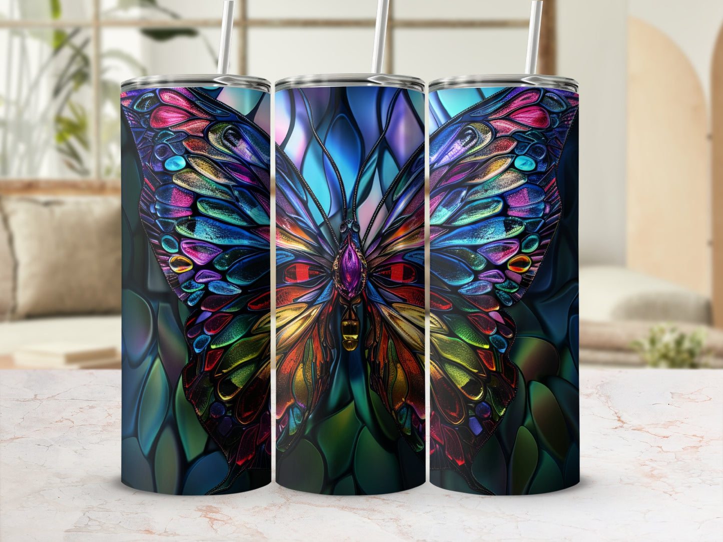 Three tumblers featuring a stained-glass butterfly design.