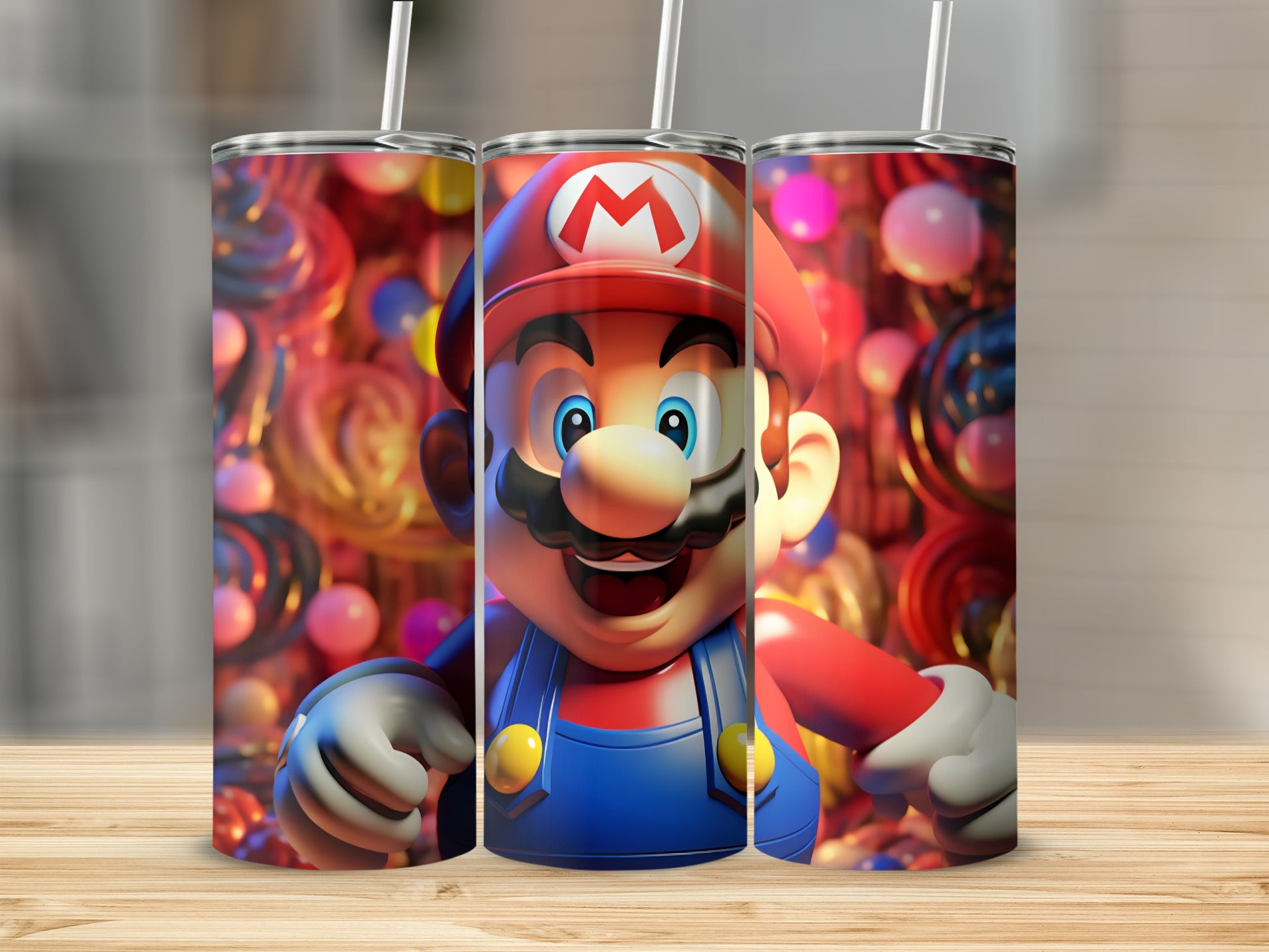 Colorful Mario Design Tumbler with Straw 20 oz