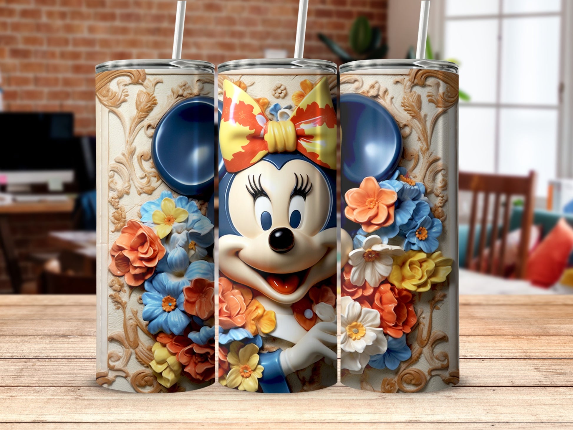 Floral Decorated Tumbler with Cartoon Character Design