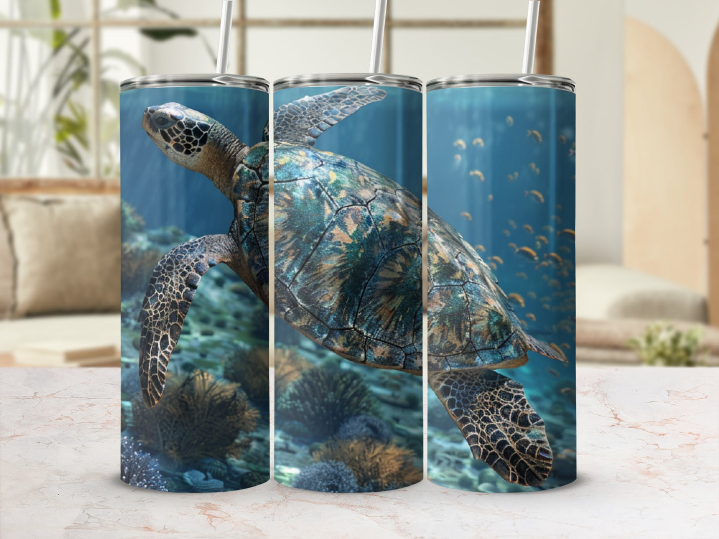 Sea turtle swimming underwater with coral reefs and small fish.
