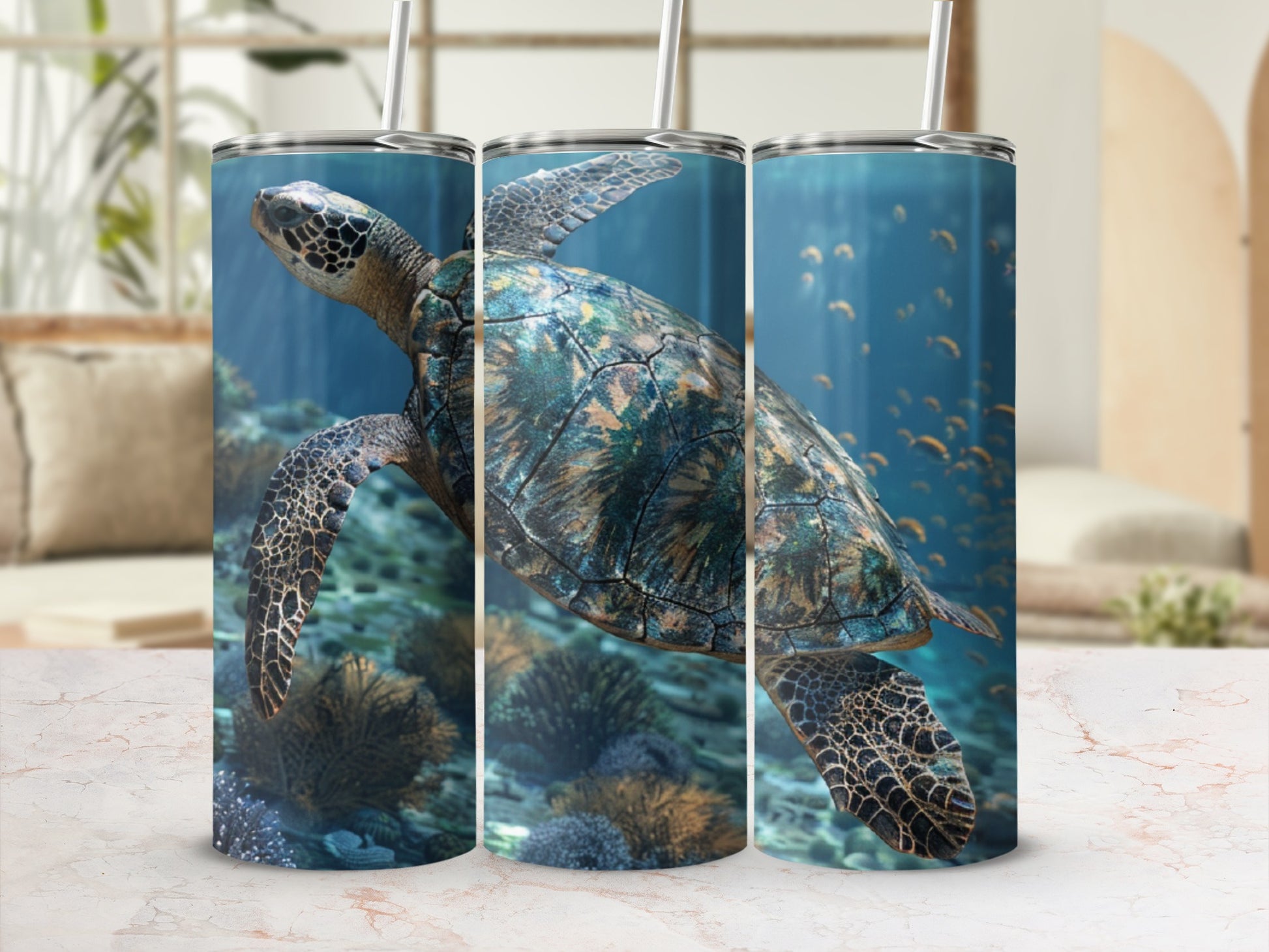Sea turtle swimming underwater with coral reefs and small fish.