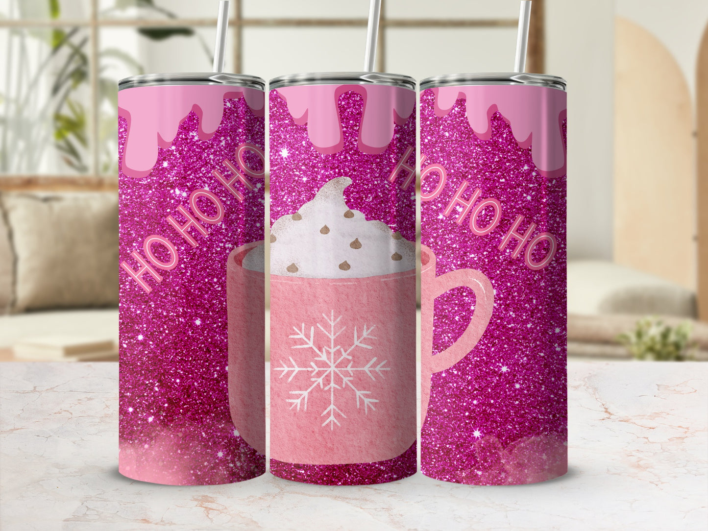 Pink Glitter Ho Ho Ho Christmas Mug Tumbler