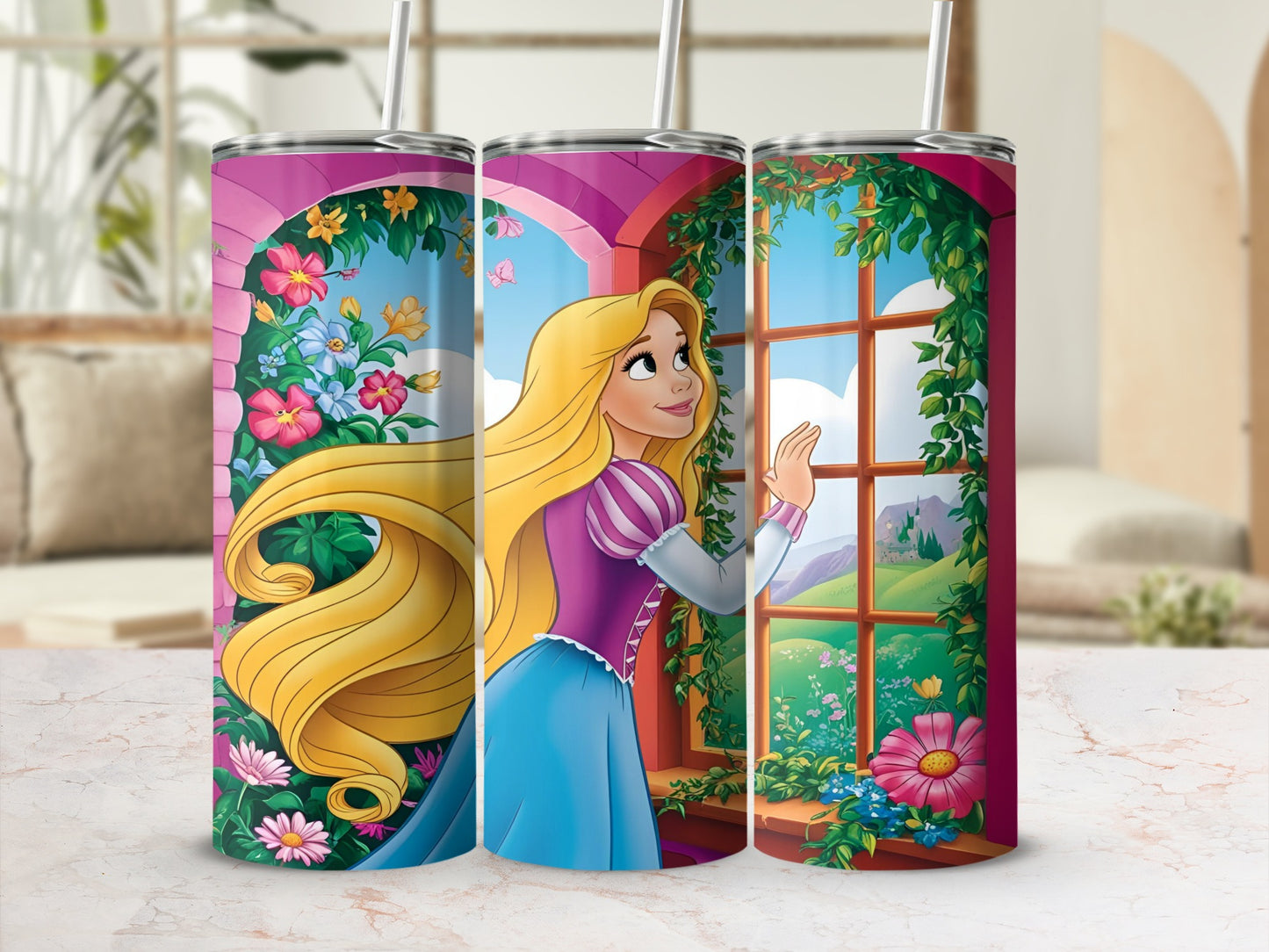 Rapunzel in a blue dress looking out a window with flowers.