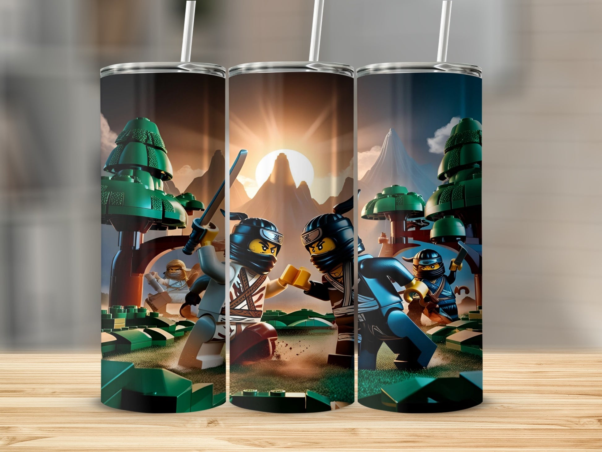 Ninjago characters fighting in a forest setting with mountains and sun.