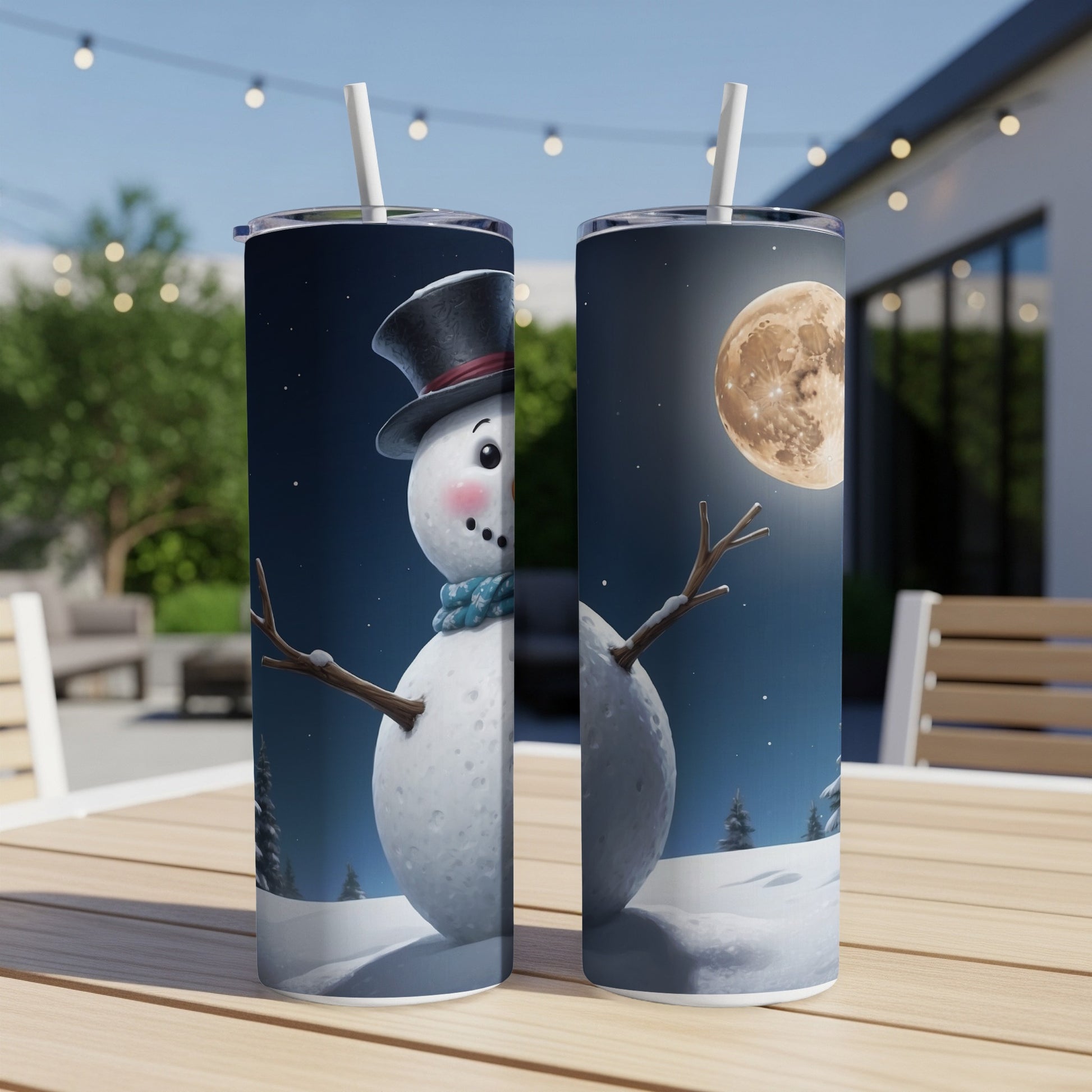 Snowman with top hat and scarf under a full moon.