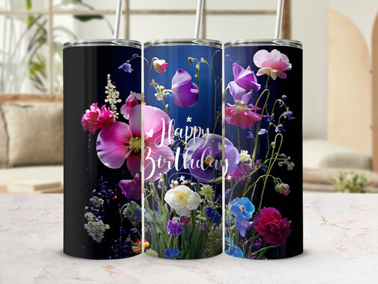 Tumbler with "Happy Birthday" surrounded by vibrant watercolor flowers.
