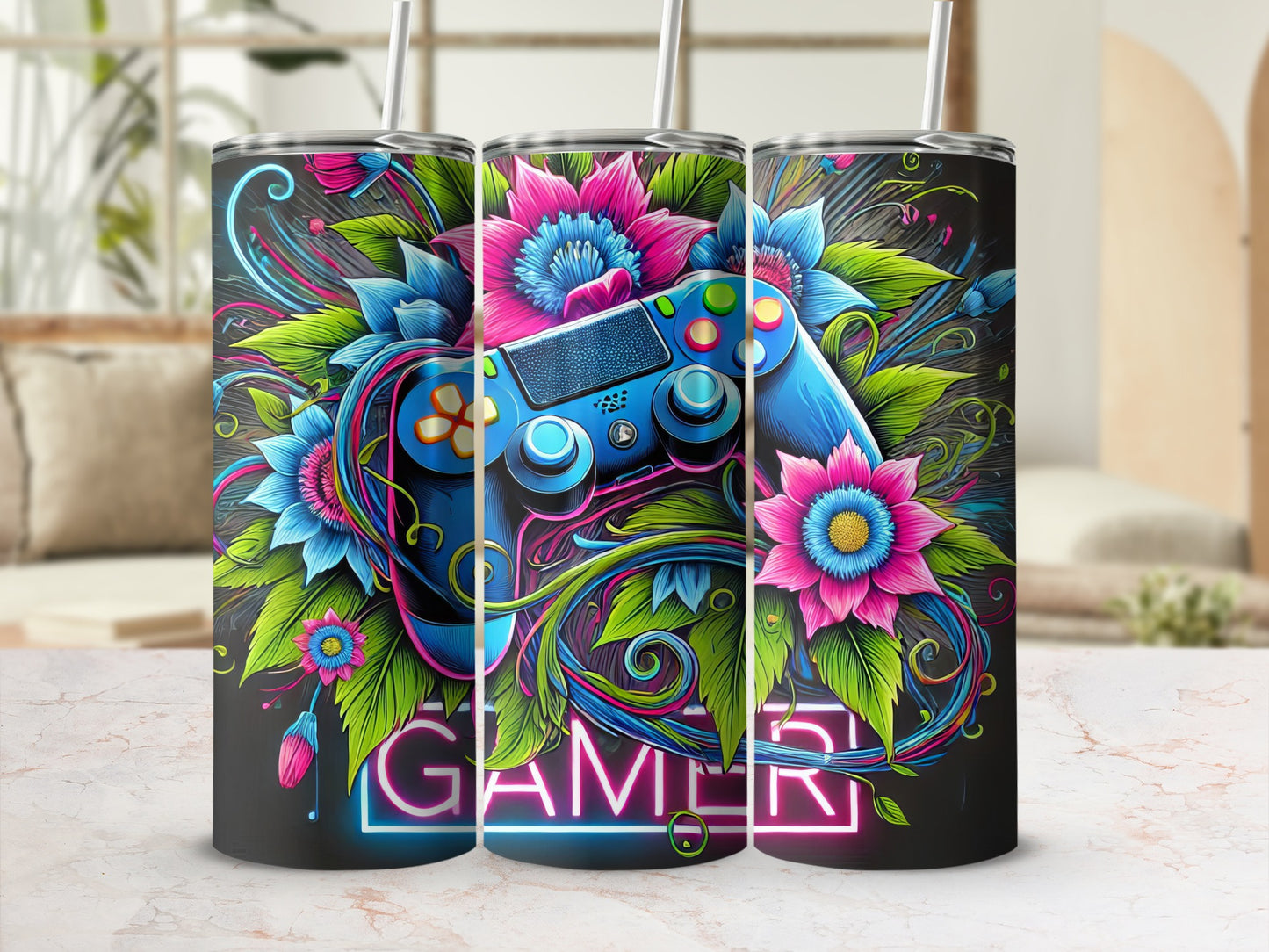 Blue video game controller with neon pink "GAMER" text and floral accents.