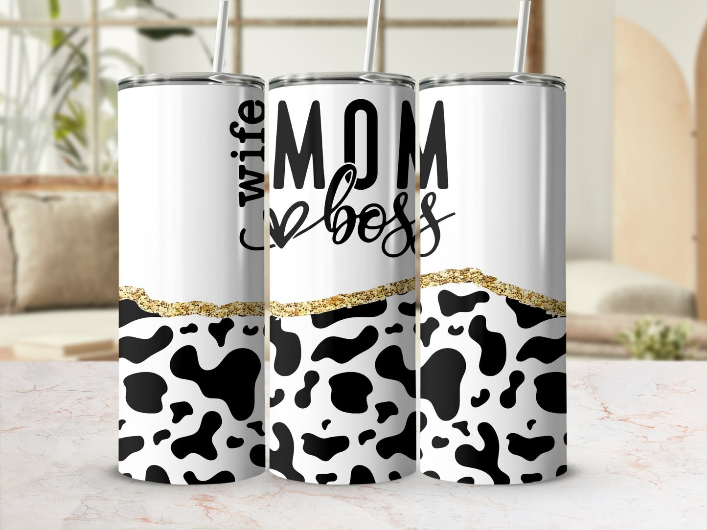 Mom Boss Cow Print and Wife Skinny Tumbler Set