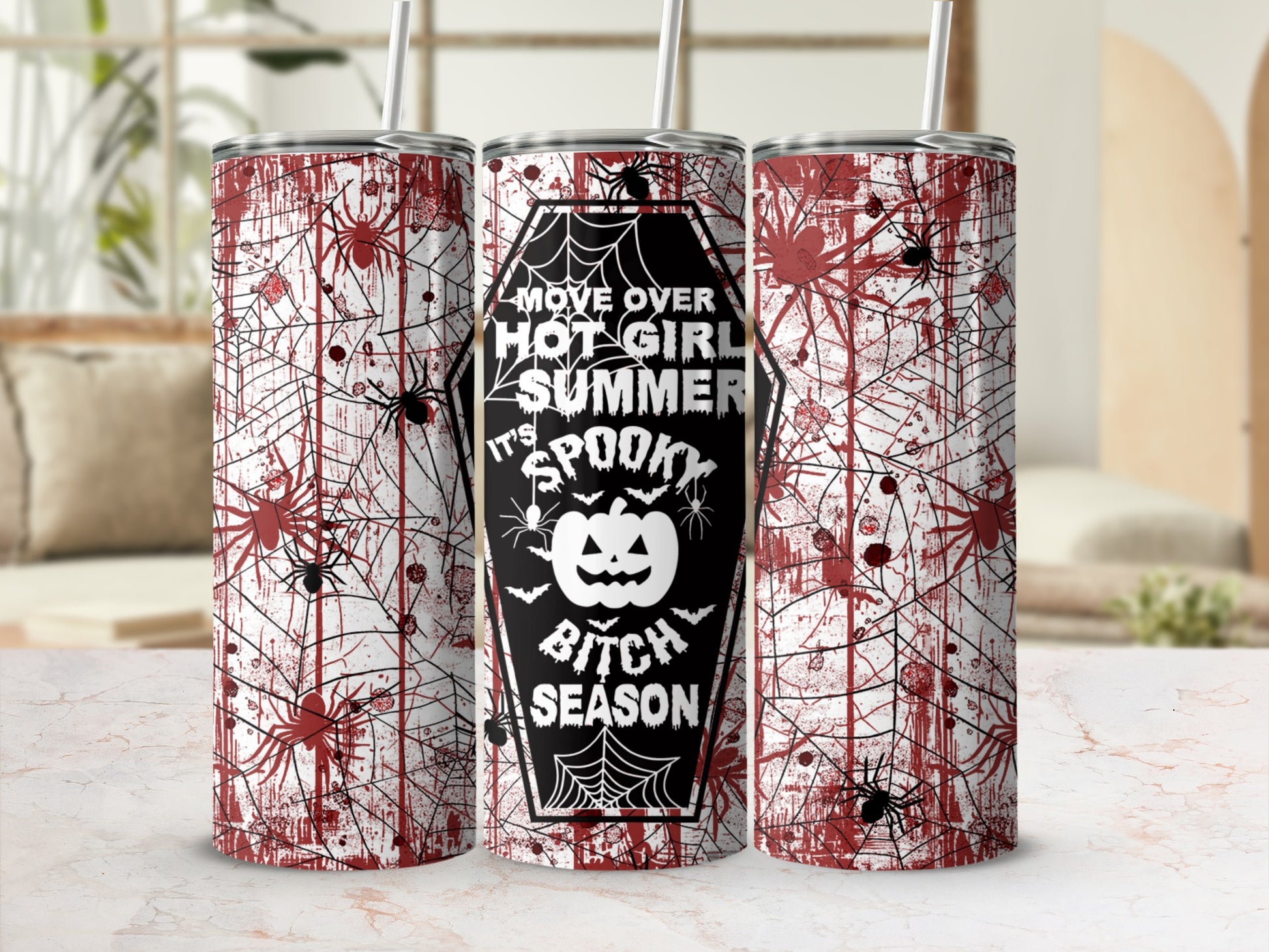Tumbler with spiders, cobwebs, and "Move Over Hot Girl Summer It's Spooky Bitch Season" text.