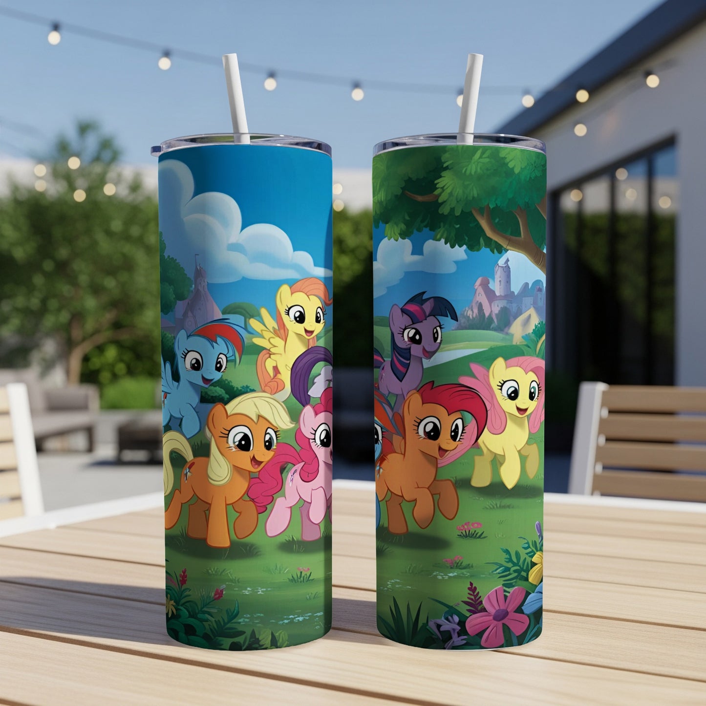 My Little Pony characters on a colorful tumbler design.