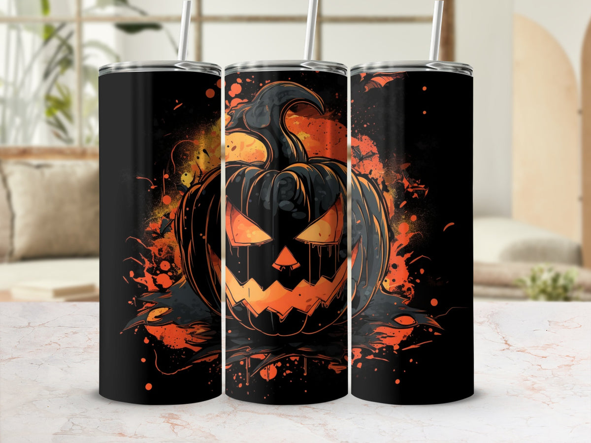 Three tumblers with a black and orange Jack-o'-lantern Halloween design.