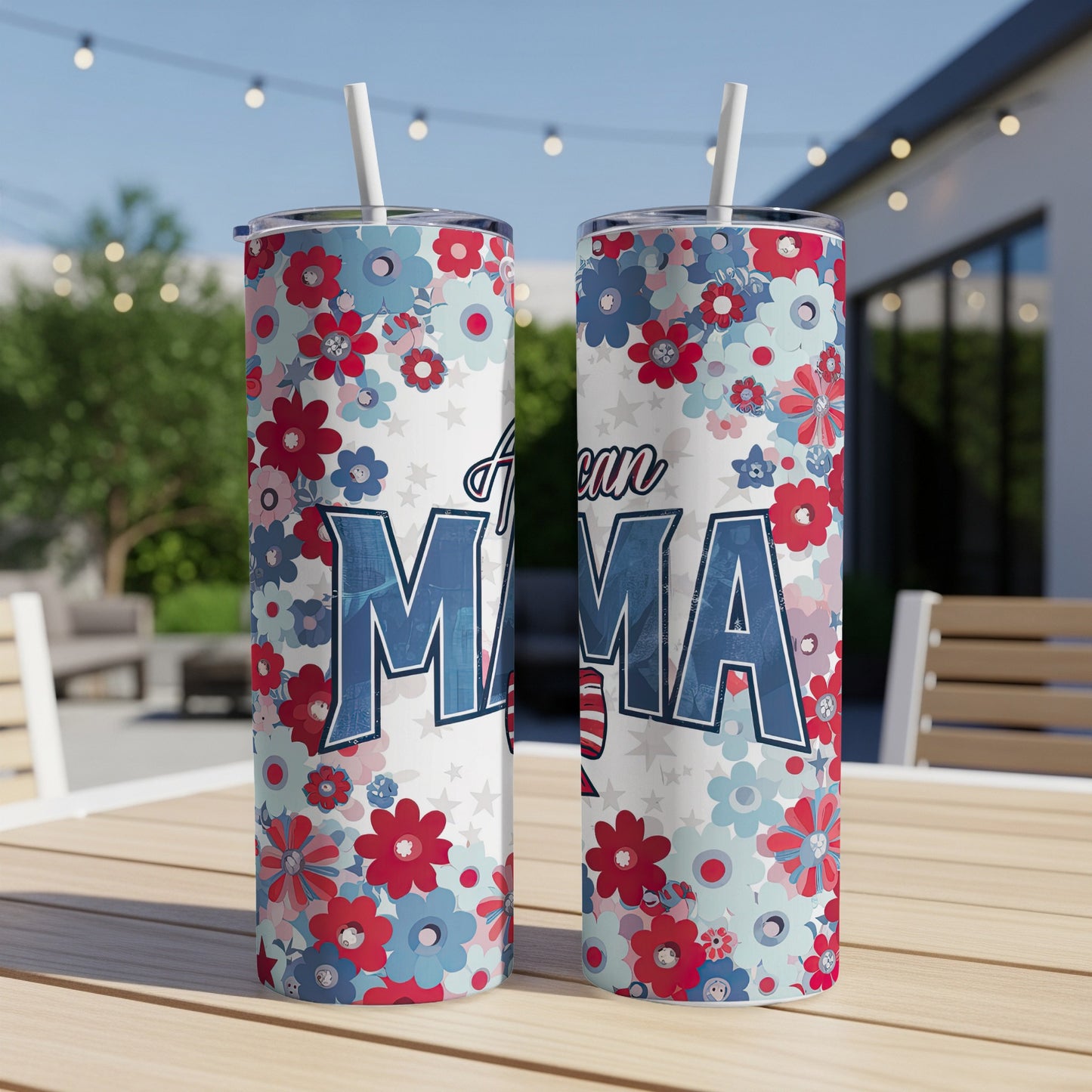 Two tumblers with "American Mama" and floral patriotic design.