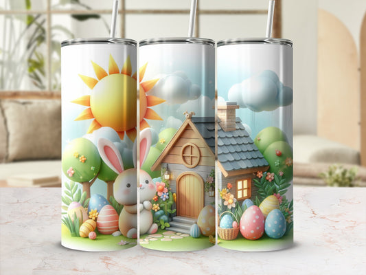 Easter bunny and eggs in front of a whimsical house with a sun and clouds.