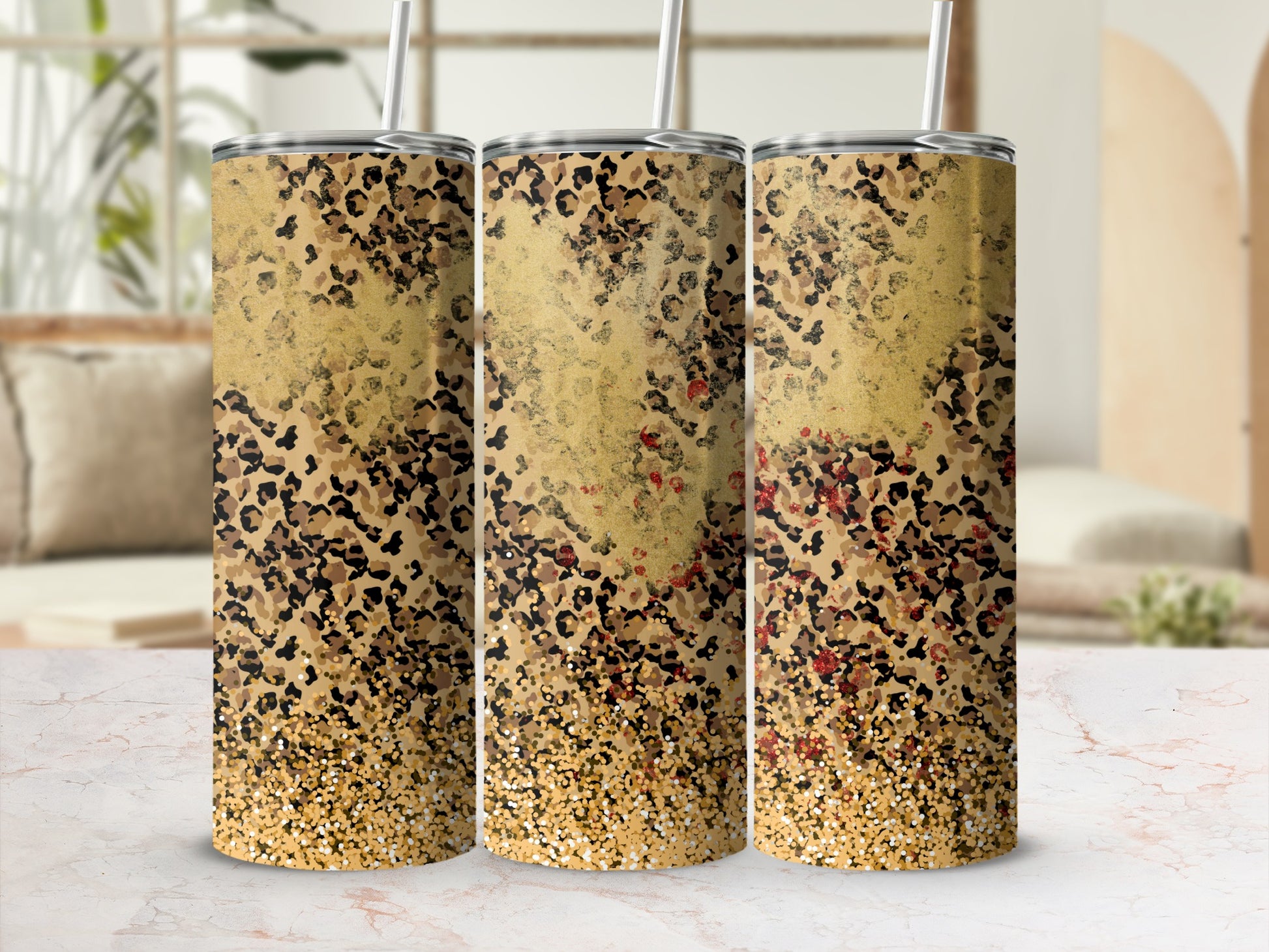 Gold and Leopard Print Glitter Tumbler Cup