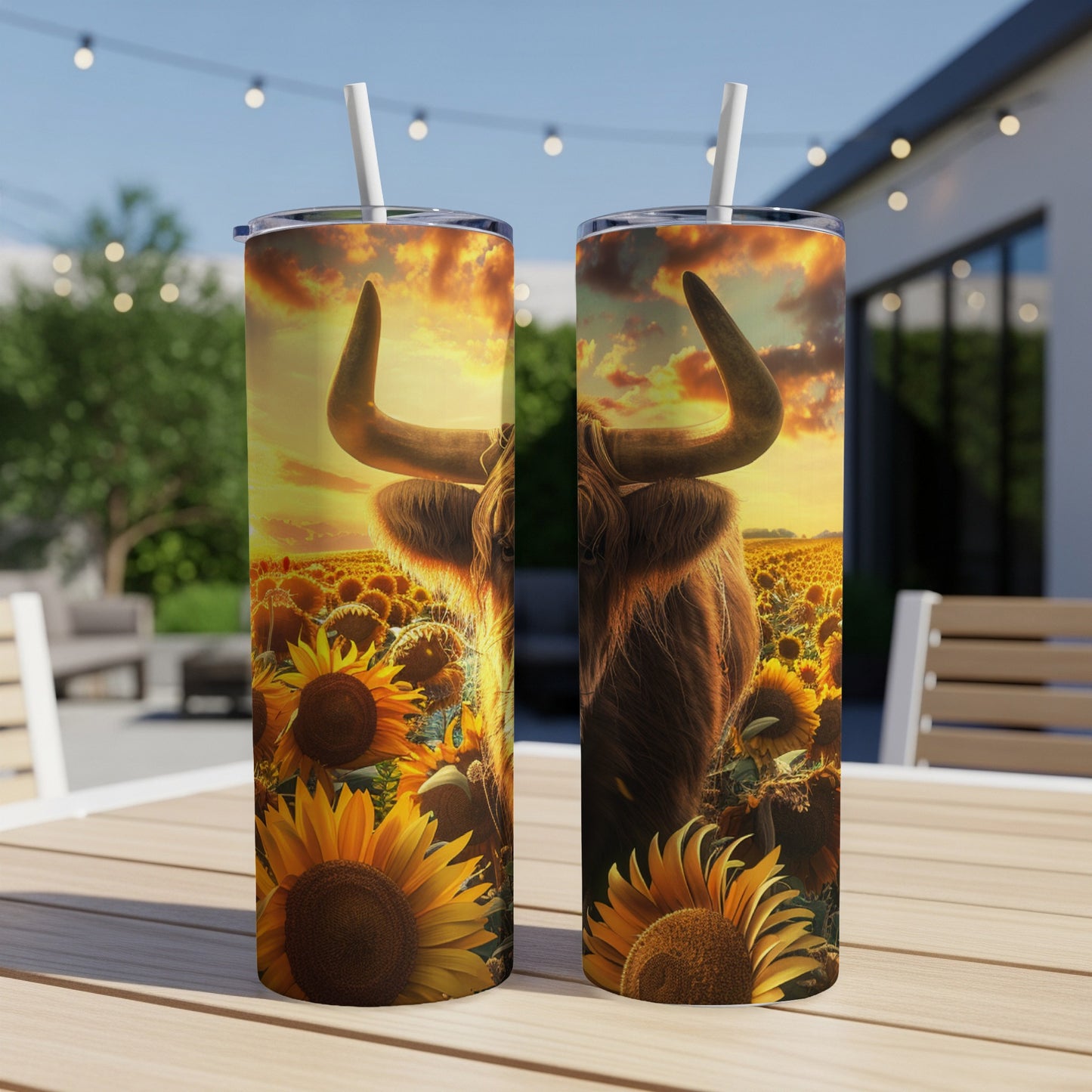 Highland cow in sunflower field under dramatic sunset on two tumblers.