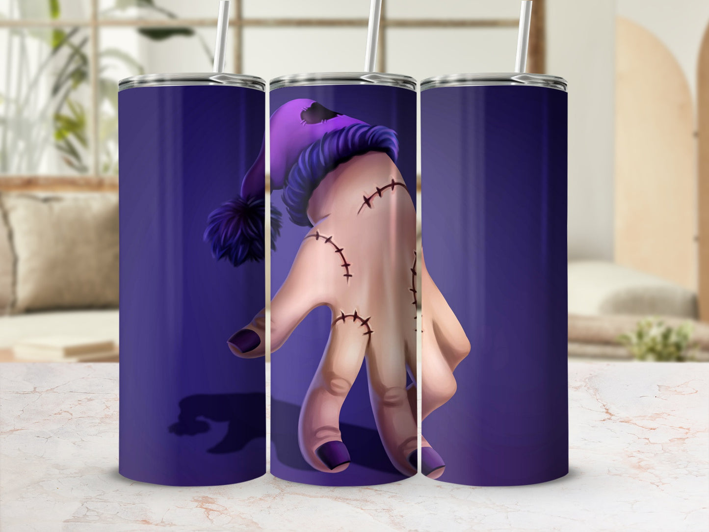 Purple Hand With Stitches Halloween Tumbler Design