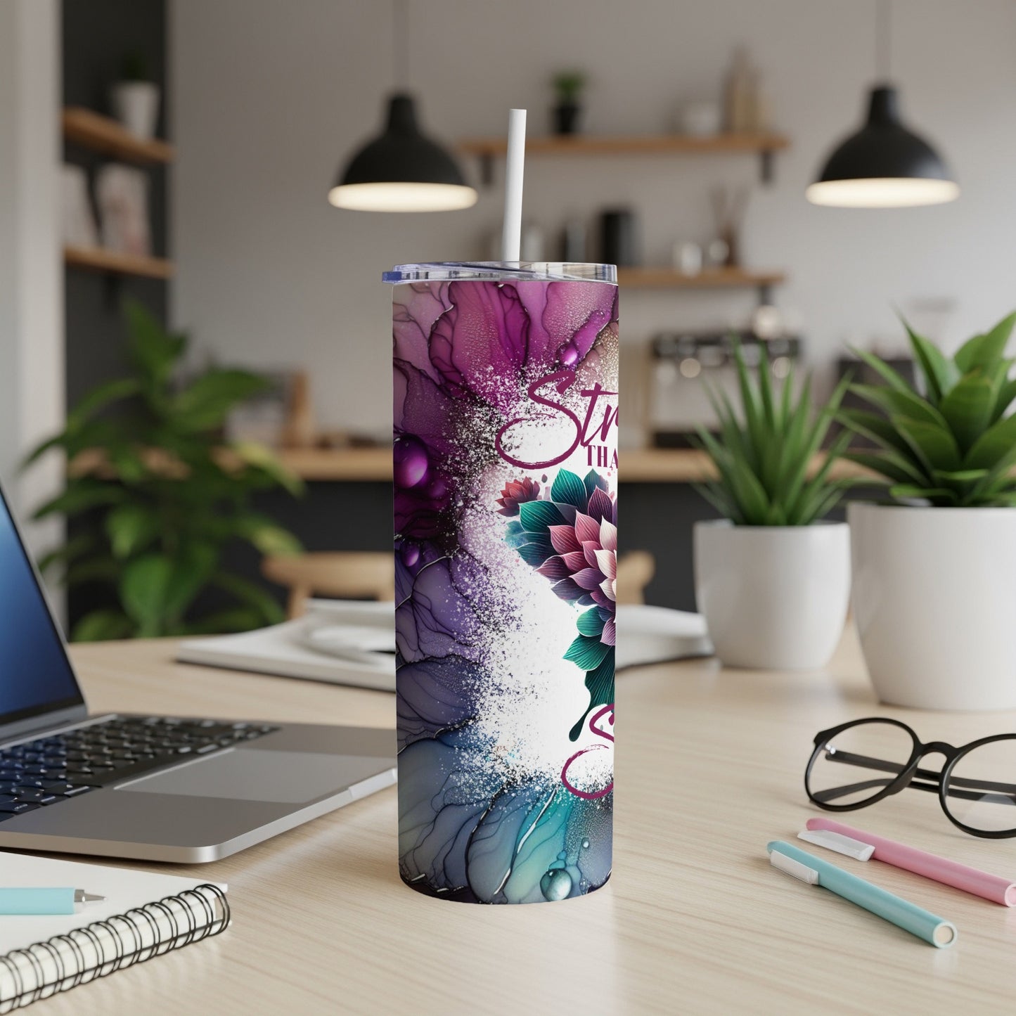 Tumbler with abstract floral design and "Sister" text.