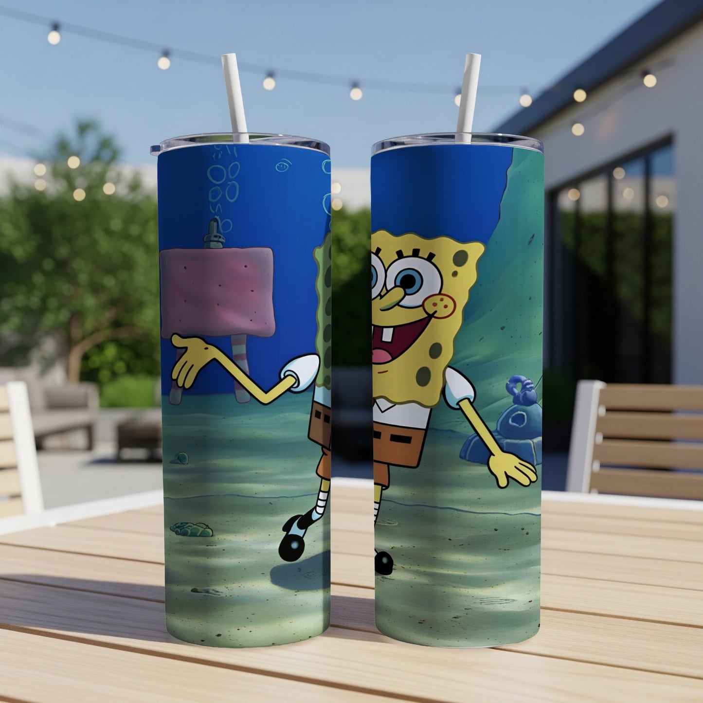 SpongeBob SquarePants in a Bikini Bottom underwater scene on two tumblers.