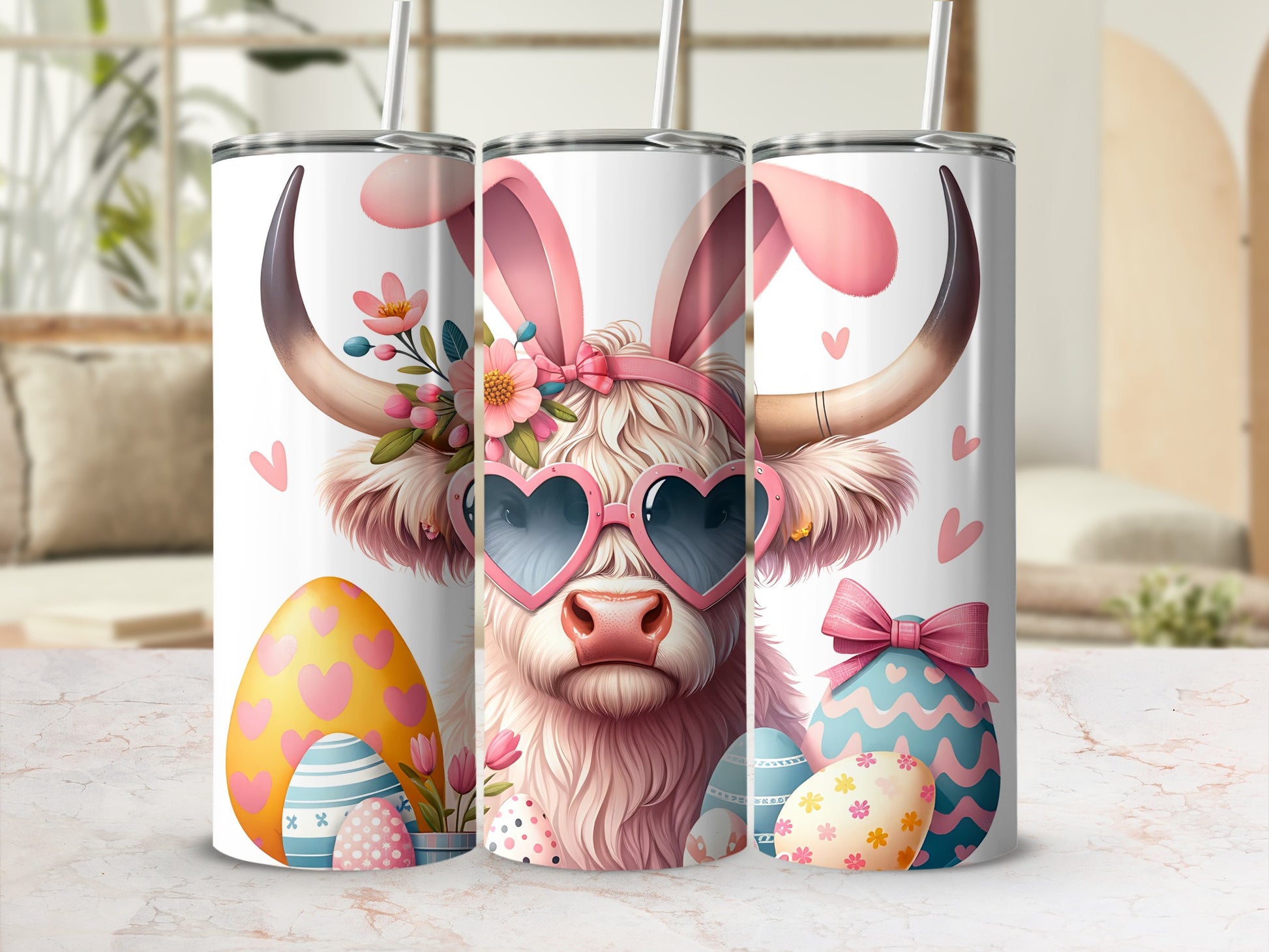 Easter Highland cow with bunny ears and heart sunglasses on a tumbler.
