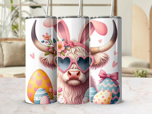 Easter Highland cow with bunny ears and heart sunglasses on a tumbler.