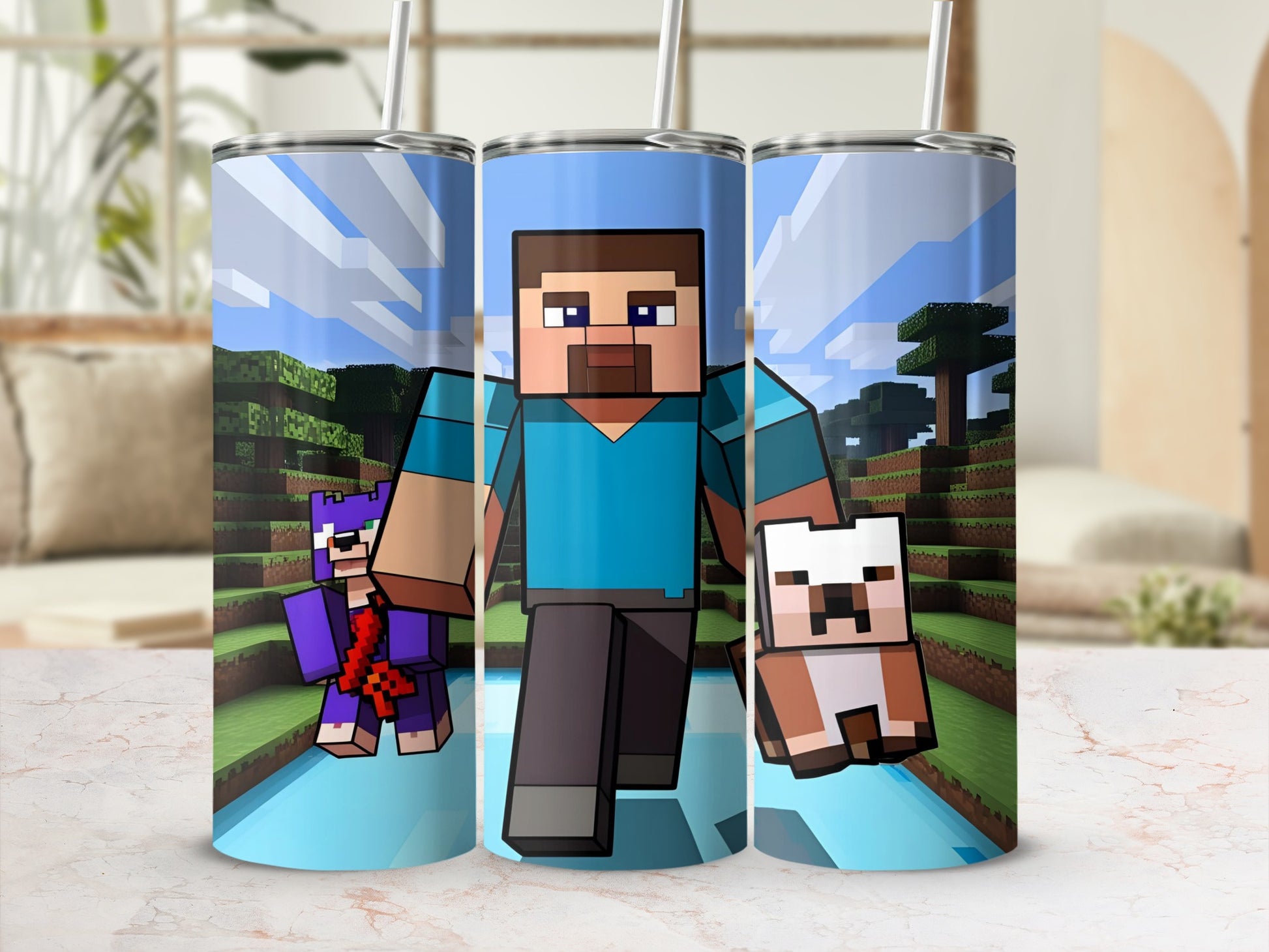 Minecraft character with dog and cat on a blue tumbler with pixelated background.
