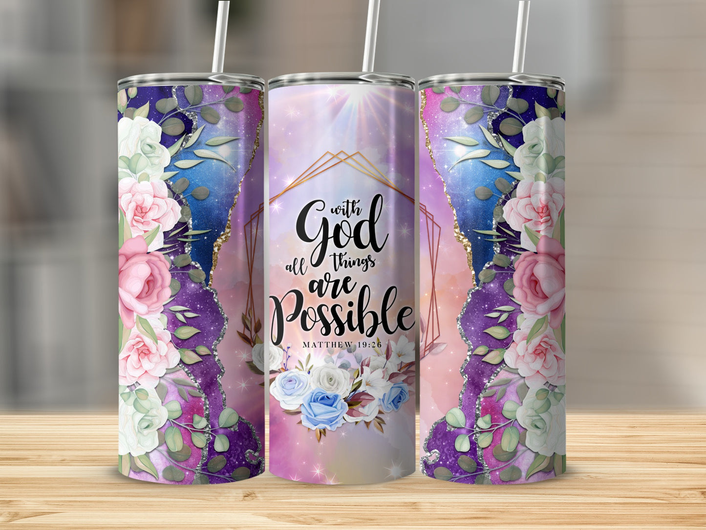 Tall tumbler with floral design and "with God all things are possible" text.