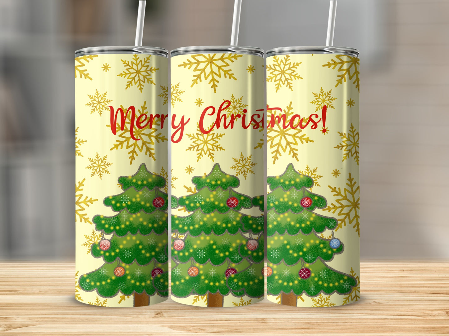 Christmas tree tumbler with snowflakes and "Merry Christmas!" text.