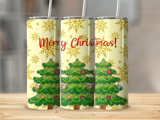 Christmas tree tumbler with snowflakes and "Merry Christmas!" text.