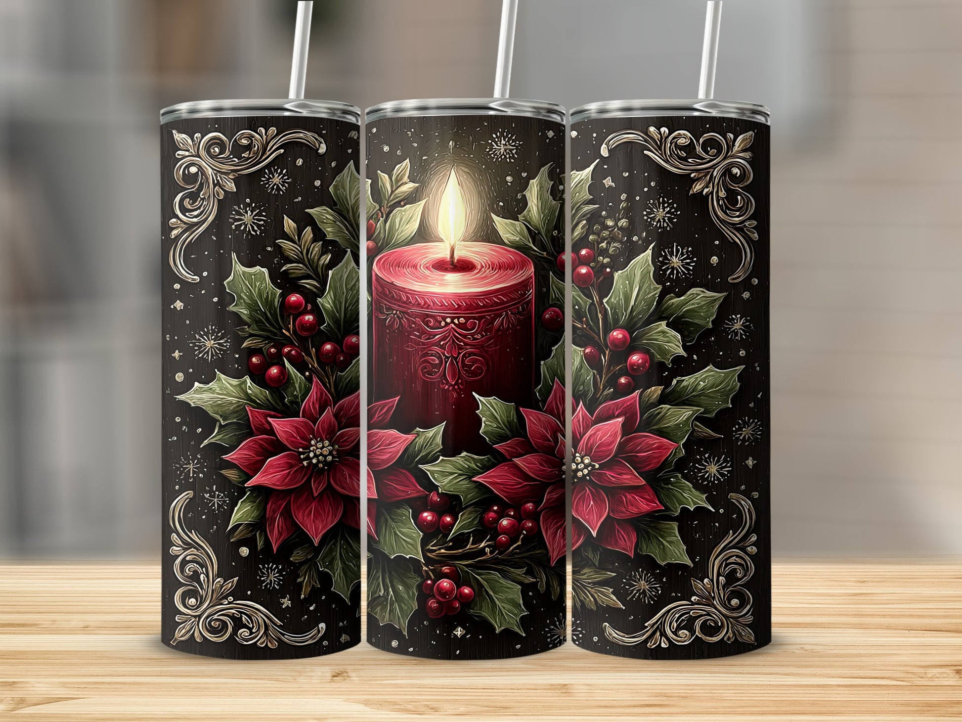Festive Candle Floral Design Stainless Steel Tumbler