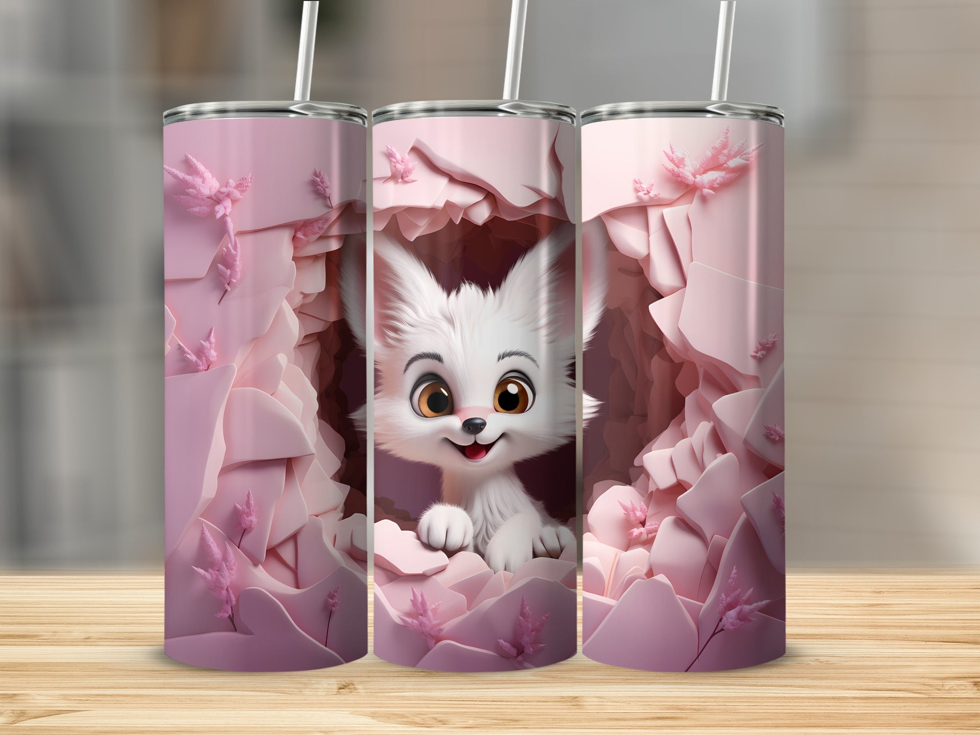 Cute White Fox Peeking Out of Pink Flowers Tumbler