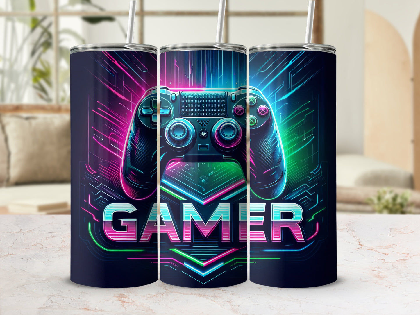 Tumbler with a neon game controller and the word "GAMER".