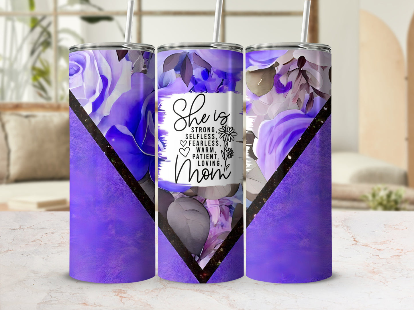 Purple floral tumbler with inspirational text for Mom.