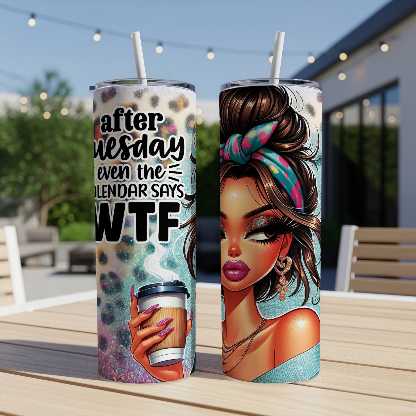Tumbler with leopard print and "After Wednesday, even the calendar says WTF" text.