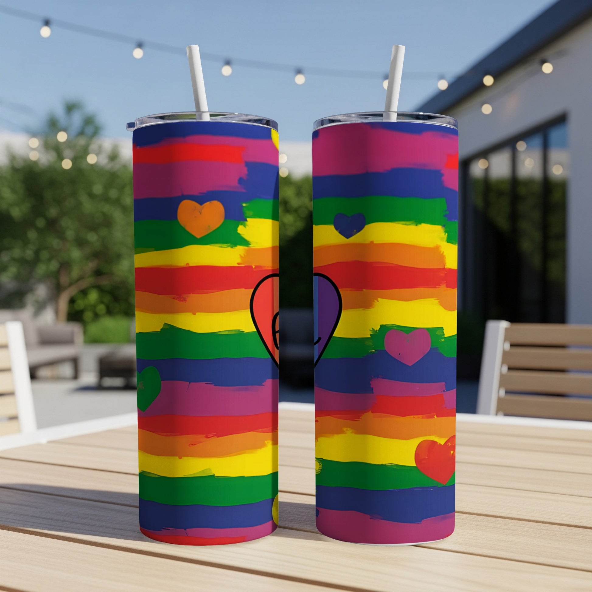 Two rainbow-striped tumblers with heart designs on a table.