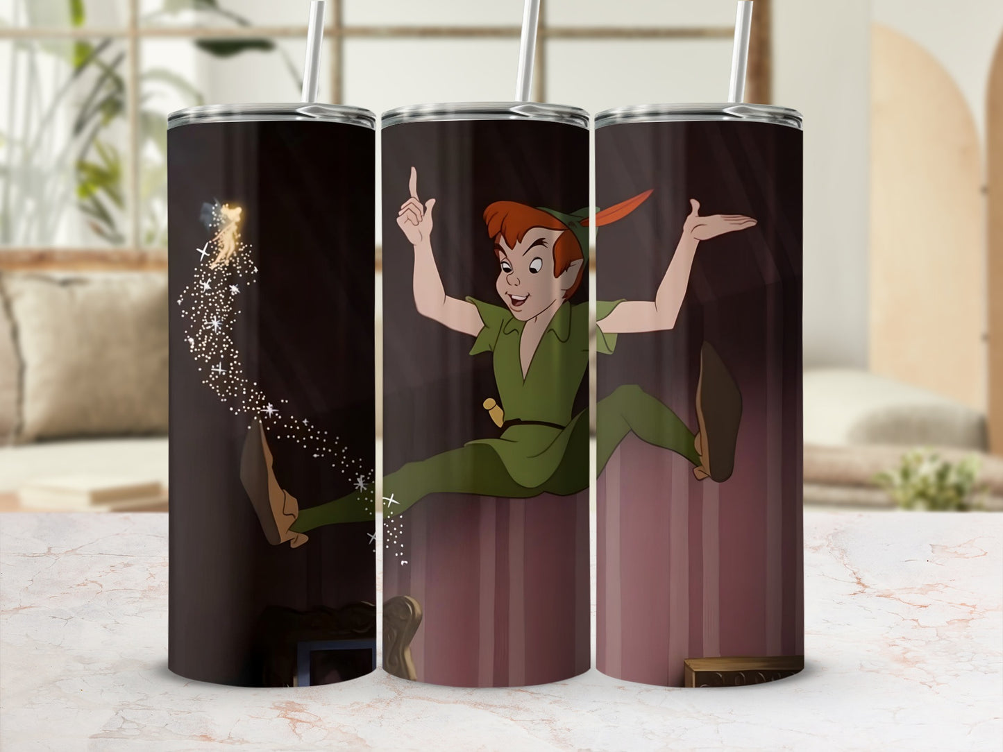 Flying Peter Pan and Tinker Bell design tumbler drinkware