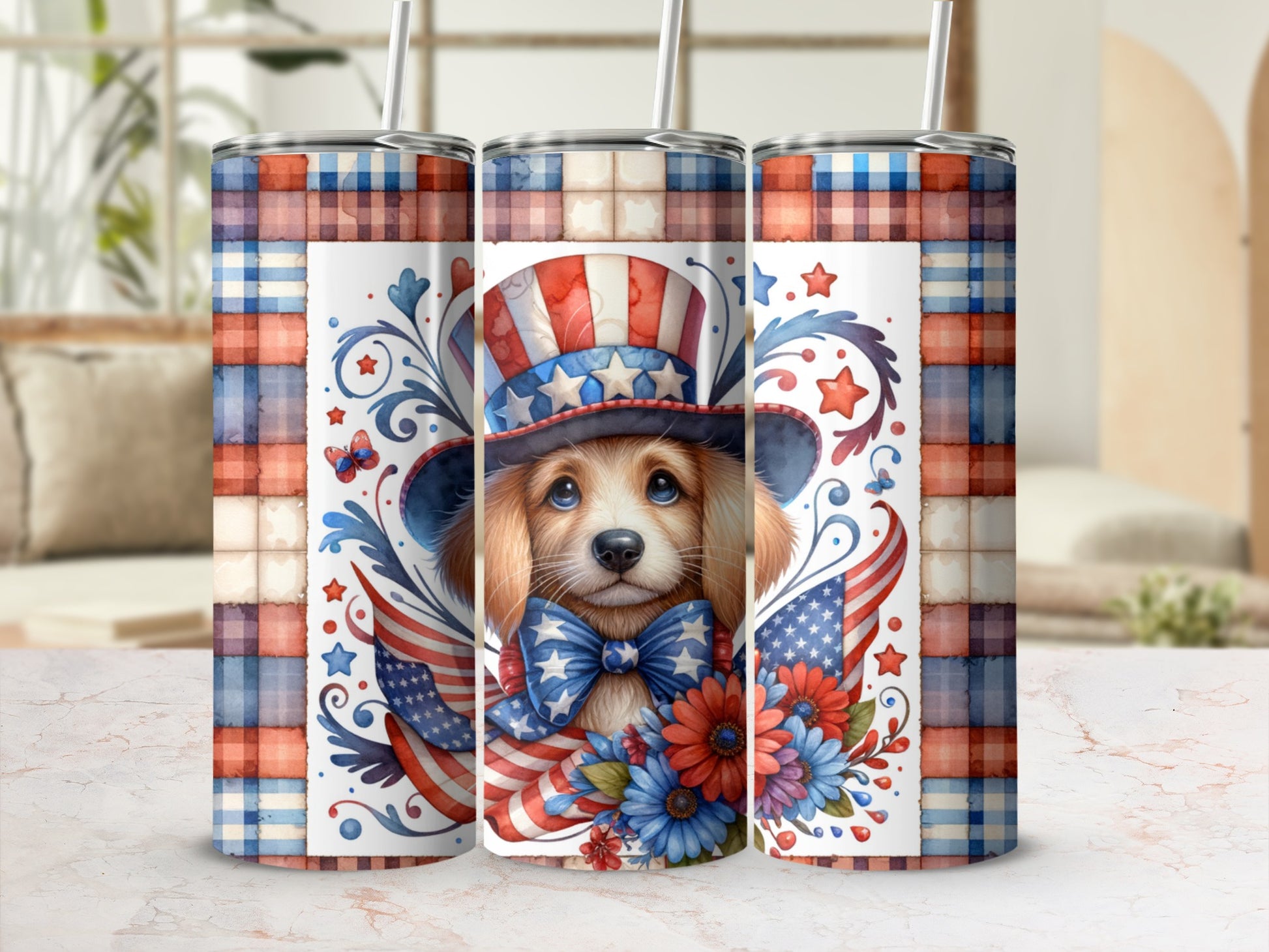 Puppy in patriotic hat with American flags and flowers on a plaid background.