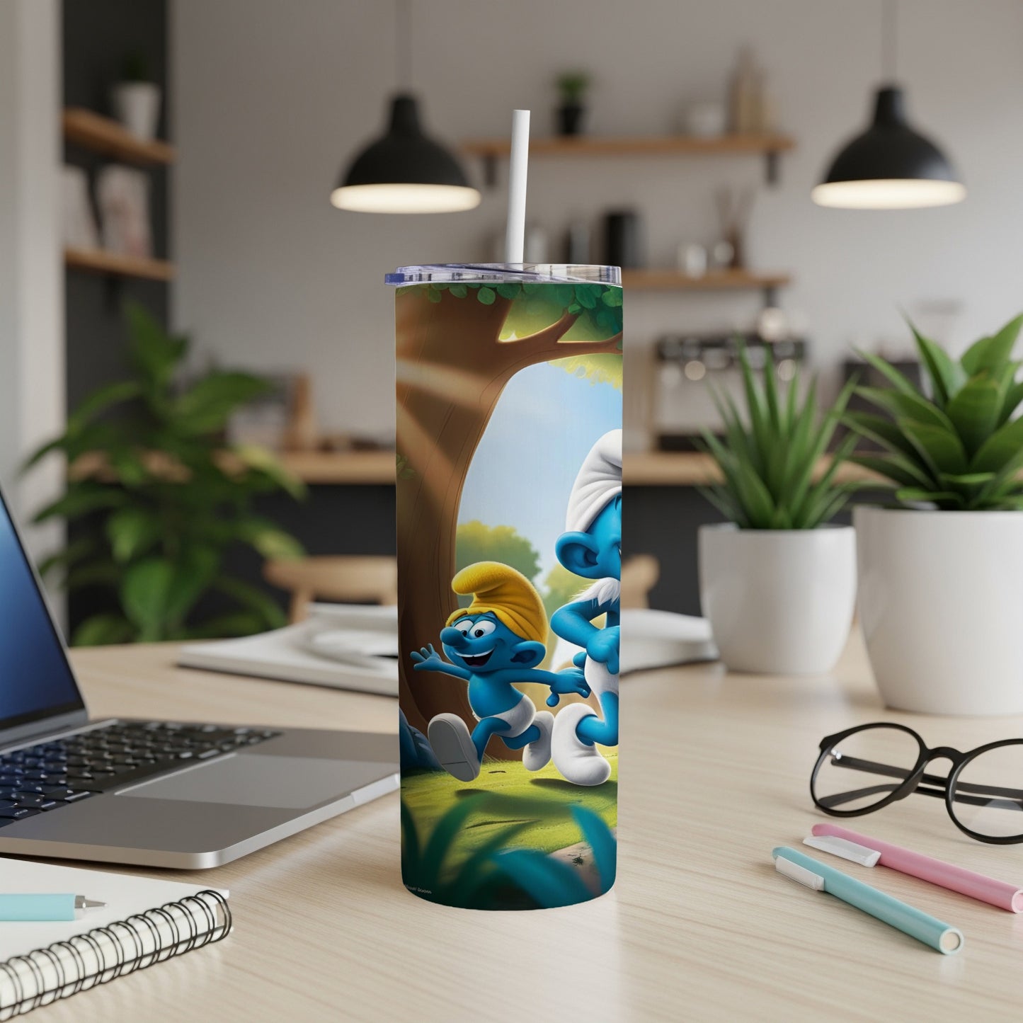 Smurfs running through a forest on a skinny tumbler with a straw.