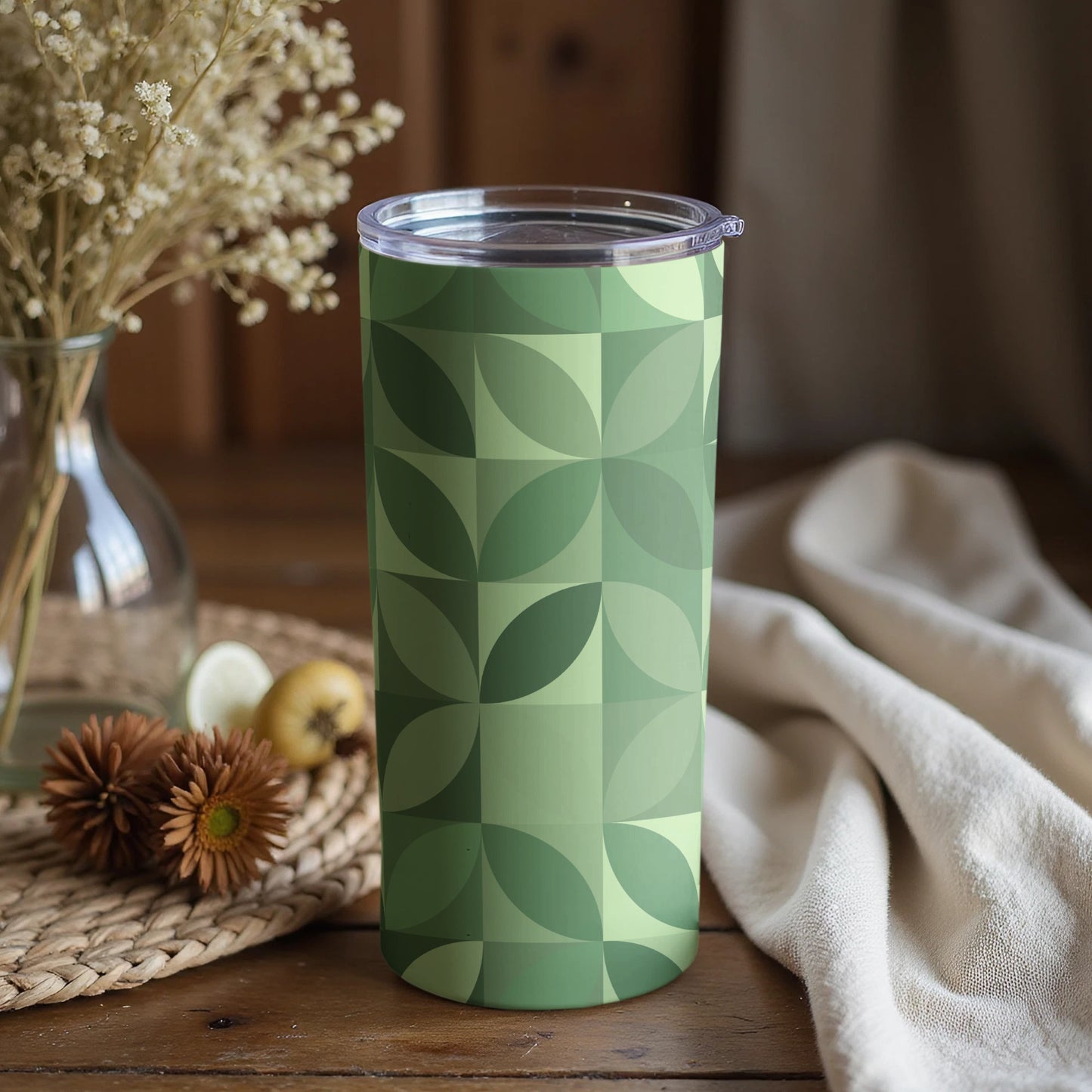 Geometric Green Leaf Pattern Travel Tumbler Cup