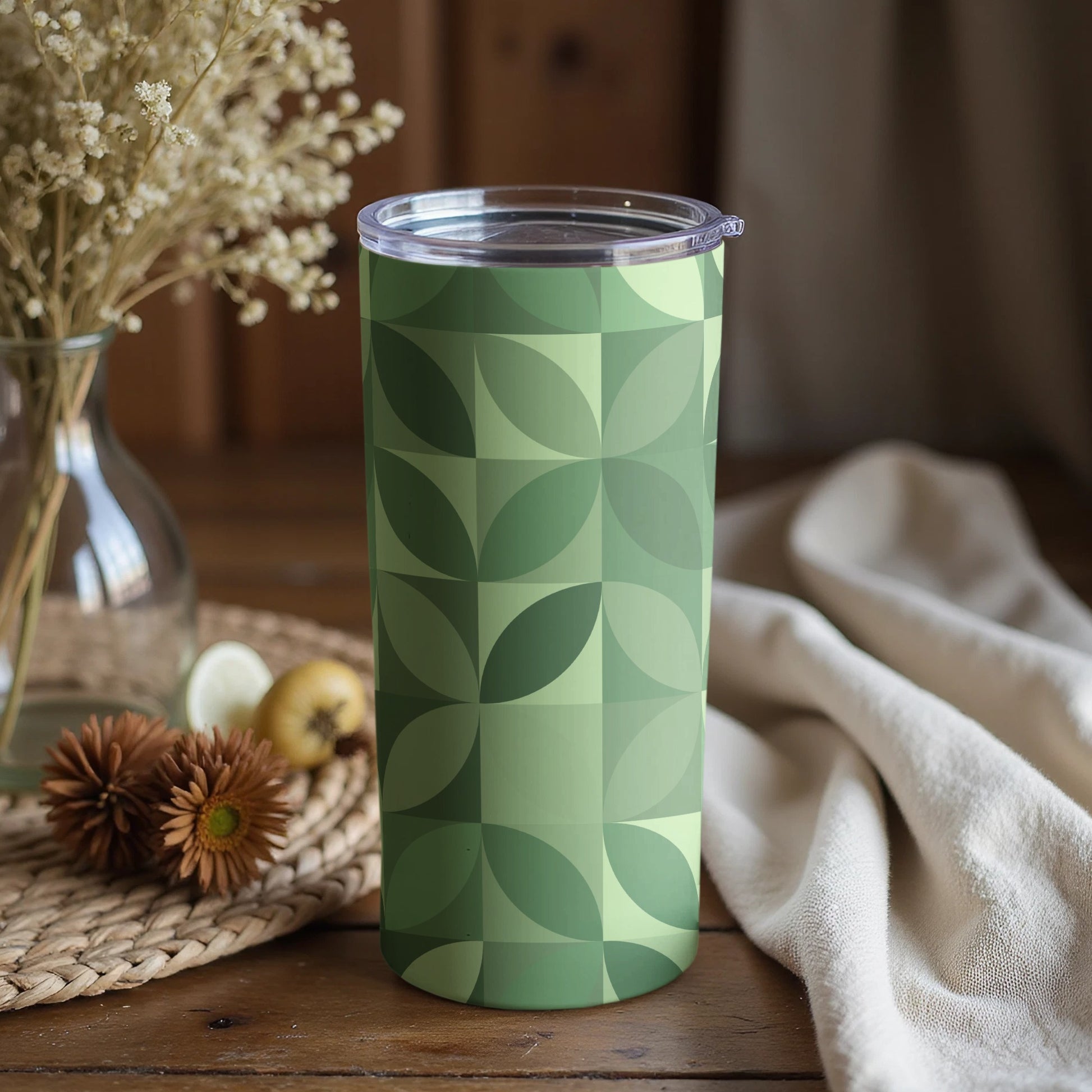 Geometric Green Leaf Pattern Travel Tumbler Cup