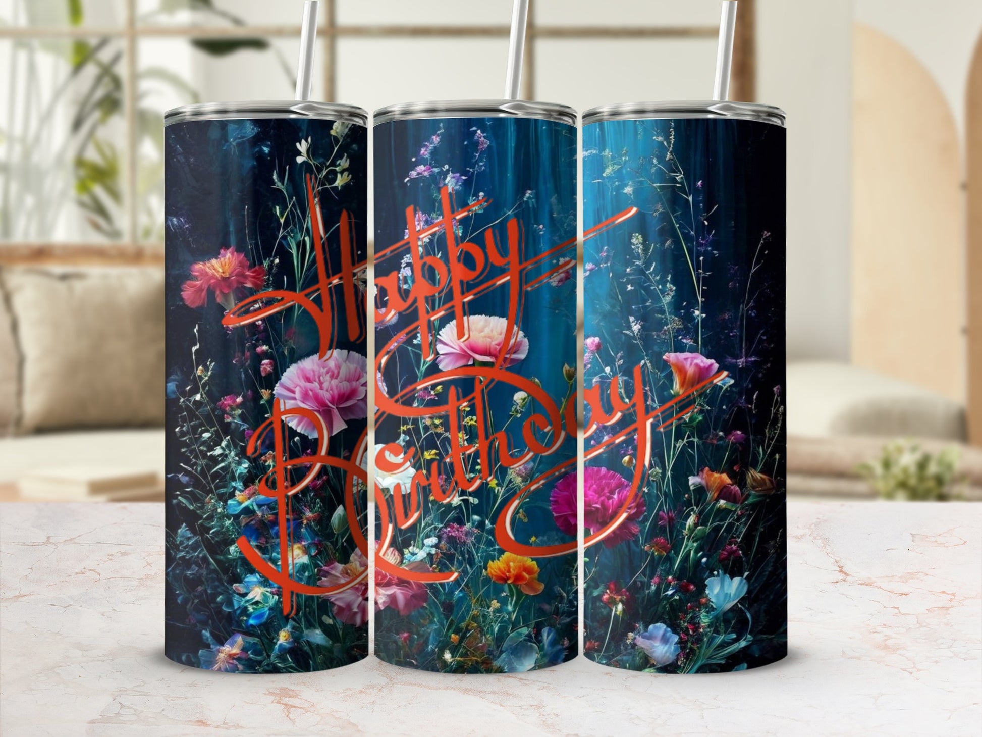 Floral happy birthday tumbler with vibrant flowers and glowing lights.
