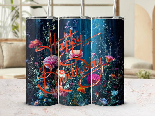 Floral happy birthday tumbler with vibrant flowers and glowing lights.