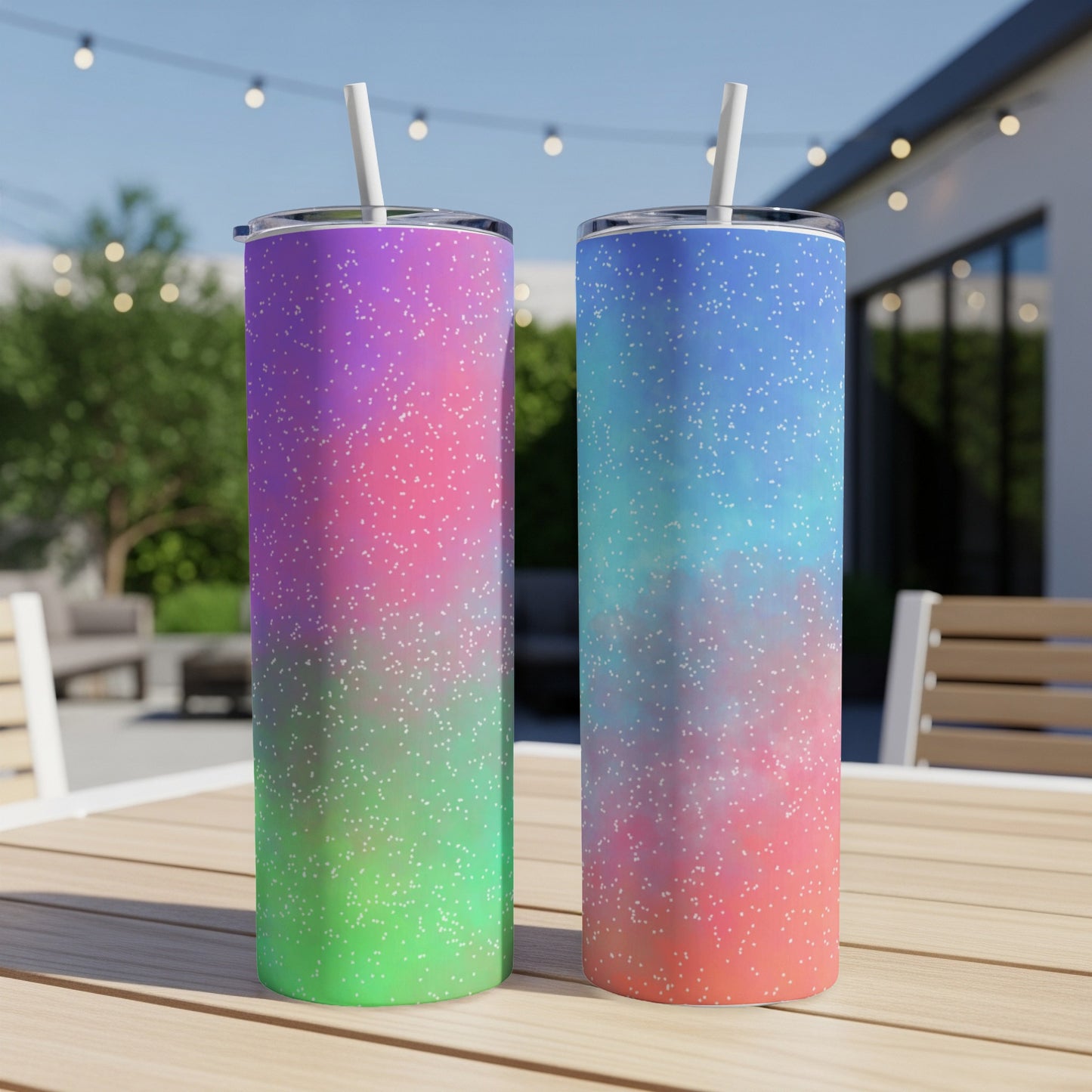 Two tall tumblers with multicolor ombre and dot patterns sit on a table.