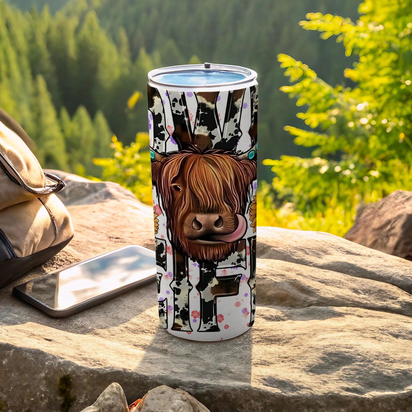 Colorful Highland Cow Forest Design Tumbler product