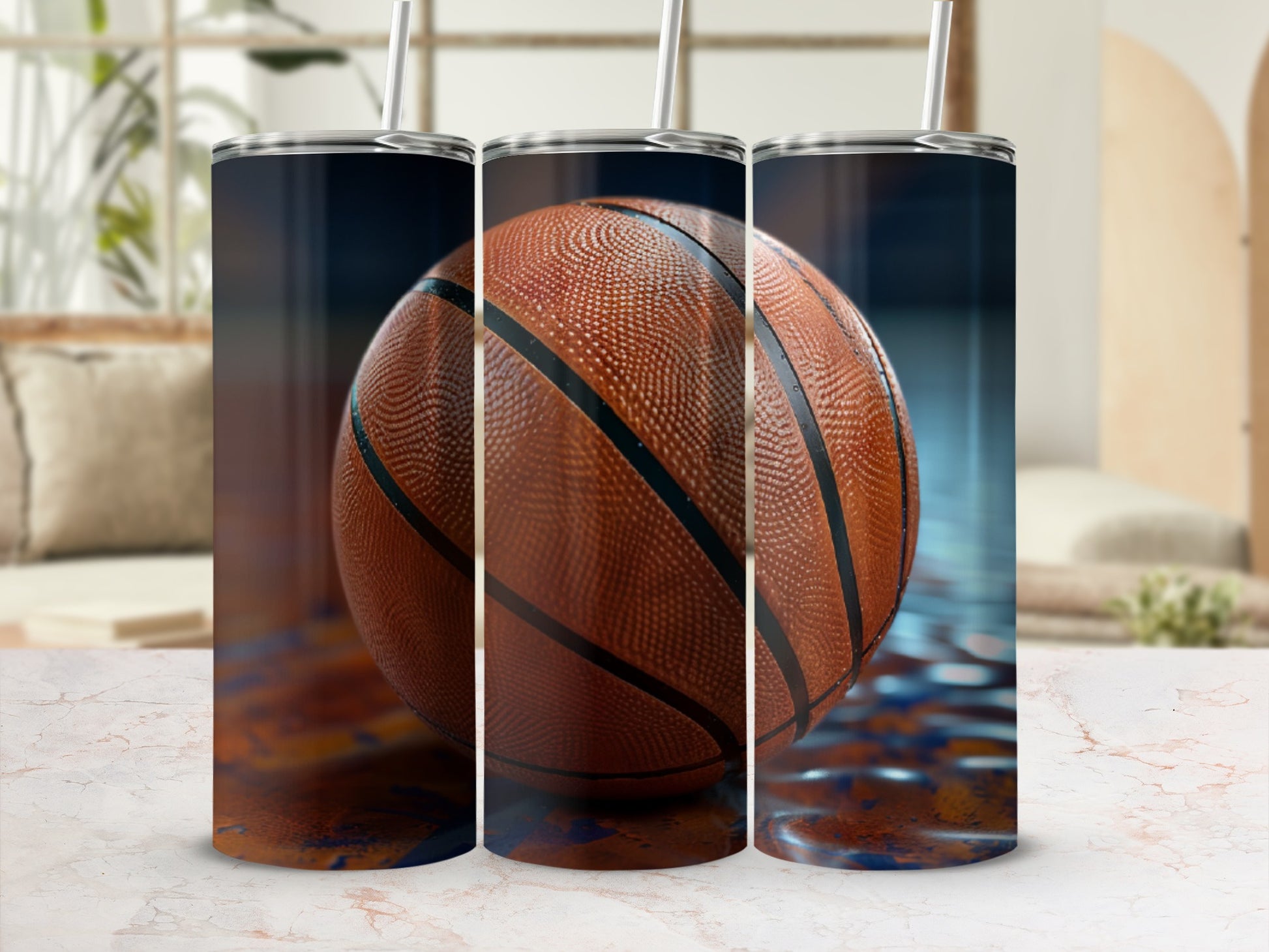 Basketball tumbler with straw, close-up view of a basketball.