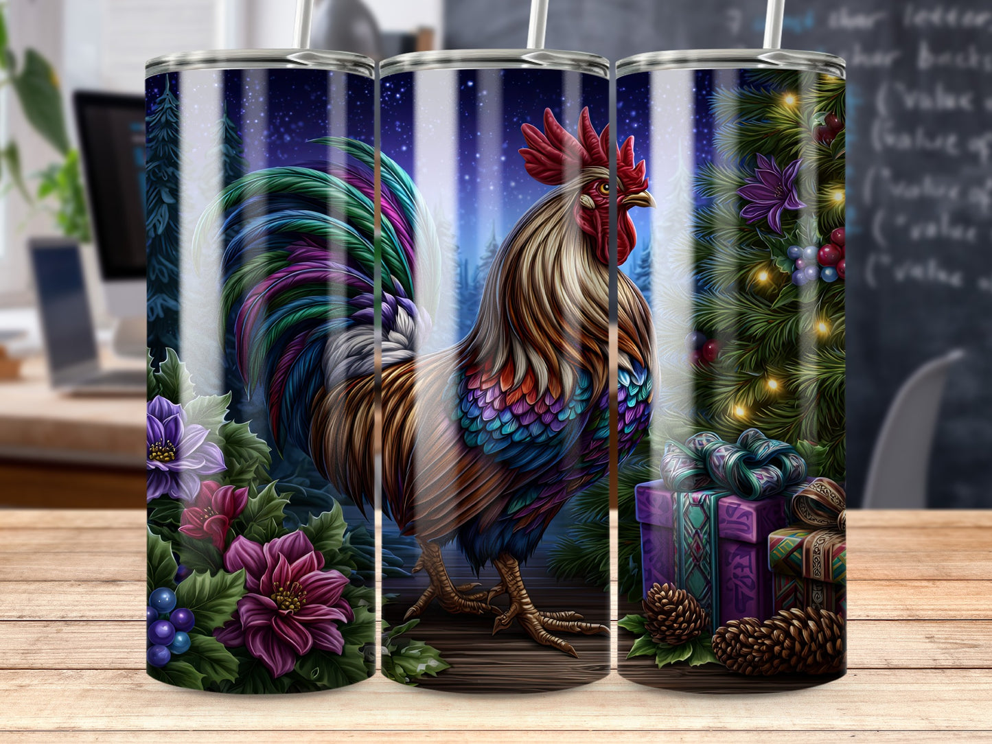 Colorful Rooster Art Print Holiday Tumbler Design