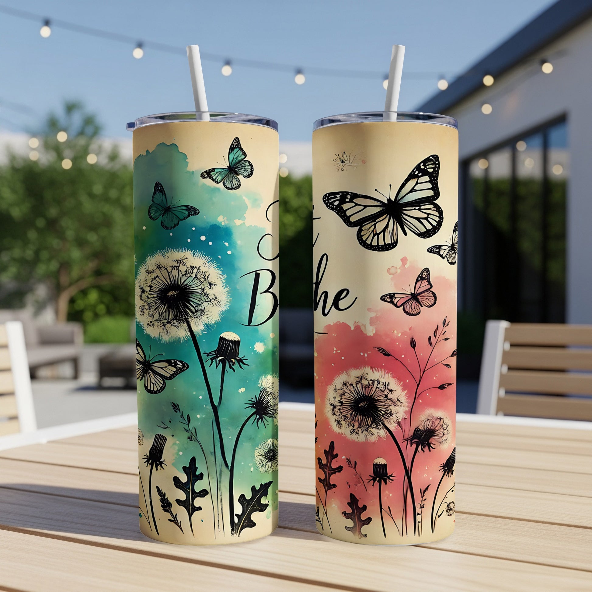 Two tumblers with dandelions and butterflies, one turquoise, one pink.
